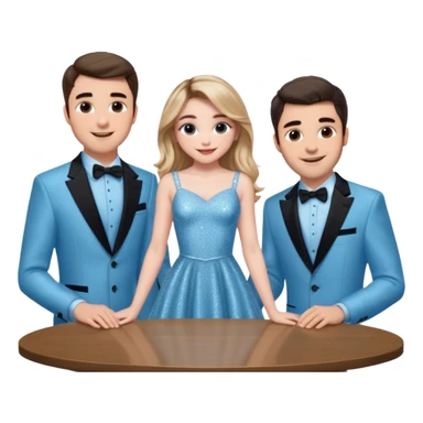 Sabrina carpenter in a light blue sparkly dress at a table with 3 handsome men, and she is standing up reaching over  sticker