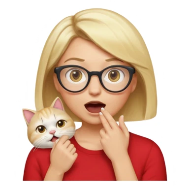 emoji style, waist-up woman with light skin, blonde bob hair, white cat-eye glasses, red shirt, hand cupped tightly around her mouth, hand very close to face as she shouts forward, excited expression, simple background sticker