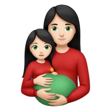Make a couple emoji they are 18. The girl has long black hair and blue eyes and is hugging a pregnant boy with light brown hair and green eyes they are both wearing red top. They are both white  sticker
