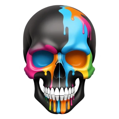 sleek black skull with colorful graffiti paint and brand logos contained within the skull shape, no drips extending beyond the skull outline, front view sticker
