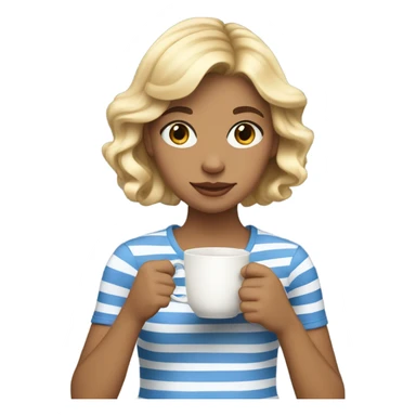 Blond girl with bangs and wavy hair, in her 20s in a striped shirt drinking tea sticker