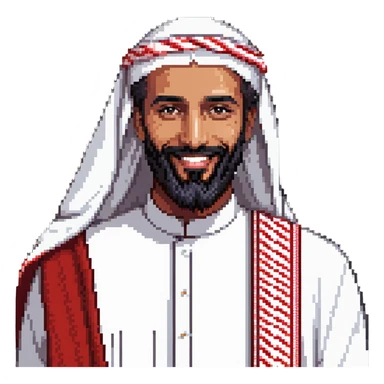 pixel art inspired Saudi man with wide beard, sharp facial features, white thobe, red shemagh, smiling warmly sticker
