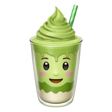 Emoji glossy 3D de un vaso de matcha latte, vaso de vidrio transparente con matcha espumoso verde pastel, capas suaves de leche y matcha, brillo intenso tipo sticker, sombras delicadas, fondo transparente, estilo cute moderno, alta calidad sticker