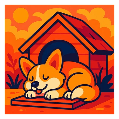 a corgi sleeping in a cozy dog house, warm colors, vibrant toon style, cartoonish, colorful sticker