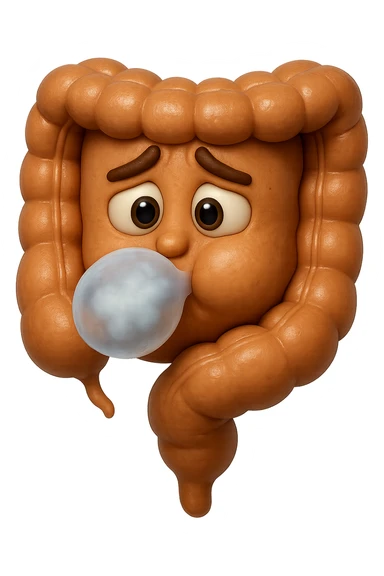 emoji stile iphone di un intestino che ingoia una nuvoletta di aria ben visibile e gli si gonfia la pancia, iperrealistico 4k sticker