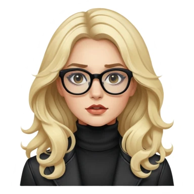 Nữ 25 tuổi, da trắng, tóc dài xoăn nhẹ màu vàng, đeo kính màu đen, lông mi dài, trang điểm khá đậm, áo khoác cổ cao màu đen, áo trong màu trắng, mặt ngầu, phong cách sành điệu sticker