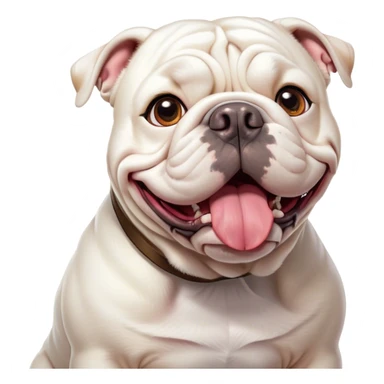 Cinematic Comical White English Bulldog Portrait Emoji, Head tilted dramatically with an exaggeratedly amused expression, featuring a striking pure white coat with a subtle sheen, wide, expressive brown eyes filled with playful disbelief, Simplified yet hilariously expressive features, highly detailed, glowing with a slightly sassy glow, high shine, dramatic yet playful, stylized with an air of cheeky defiance, bright and endearing, soft glowing outline, capturing the essence of a spirited and over-the-top guardian, so meme-worthy it feels like it could side-eye its way into internet fame instantly! sticker