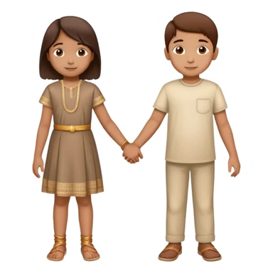 two Indian children (boy and girl) holding hands, boy lighter brown, girl medium brown, both age 5-6, simple background sticker