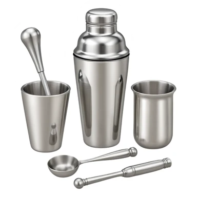 A metal shaker set including a shaker, jigger, and muddler neatly placed on the counter.
 sticker