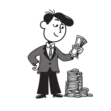 billionaire character wearing a suit and tie with a confident smile holding a stack of money or gold sticker