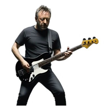 photo realistic, Peter Hook from Joy Division, in 1979, playing, Yamaha black bass guitar, standing up, full body, front view sticker