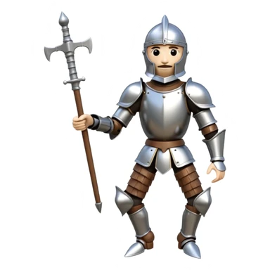 3D render of Knight Puppet as a wooden marionette puppet, Painted silver wood armor, strings, silver metal screw joints at elbows and knees, polished brown wood texture, rigid toy pose, emoji style, isolated on white background --v 6.0. sticker