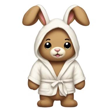 teddy bear that’s wearing a cream bunny dressing gown with the hood up with bunny ears sticker