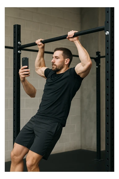 uomo che fa Muscle up e si sta filmando di lato con il telefonino che lo riprende mentre si allena, così da analizzarsi dopo sticker