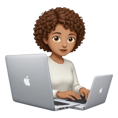 person with brown eyes and short-medium brown curly hair working on a laptop sticker