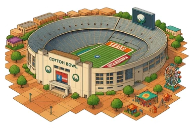 Изометричная, яркая, детализированная и фотореалистичная иллюстрация стадиона Cotton Bowl в стиле 3D-коллажей городов, насыщенные цвета, аккуратные и чёткие линии, мультяшно-реалистичная стилистика. Чёткие контуры, не размазанные линии, высокое качество, прозрачный фон, не обрезать края стадиона. sticker