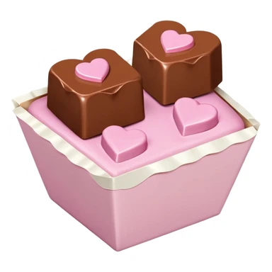 Two square milk chocolate 2 pralines only, Each praline is a sharp-edged cube with smooth glossy chocolate coating, placed in a small white fluted paper candy cup. On top of each cube is a flat pastel pink heart-shaped icing, thin and smooth, slightly translucent, with fine sugar crystal sparkle. sticker