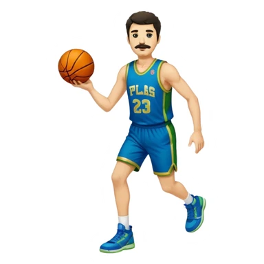 Full Body  white male basketball player with short shaggy dark hair and gold tee mustache wearing blue and green uniform sticker