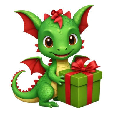 a cute baby dragon is holding a brown carton gift with red ribbon sticker