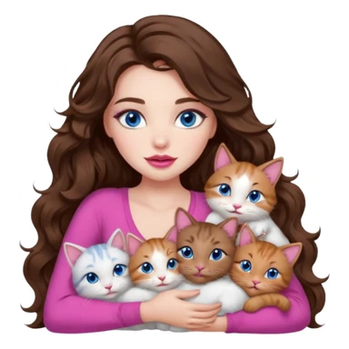 girl with long wavy brown hair, blue eyes, long lashes makeup, sexy pink lips, cuddling with 6 cats sticker