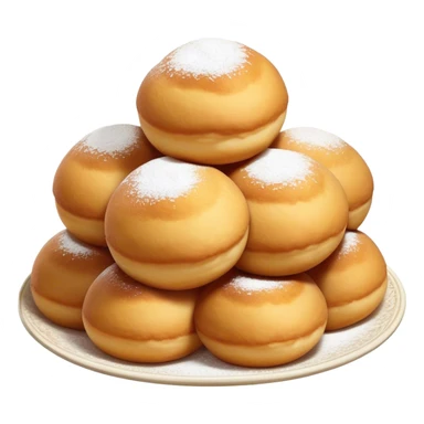 Cinematic Realistic image of simple round buñuelos, depicted with a lightly crisp, golden exterior and soft, airy interior, dusted with a subtle layer of powdered sugar and set against a rustic backdrop with warm, inviting lighting. sticker