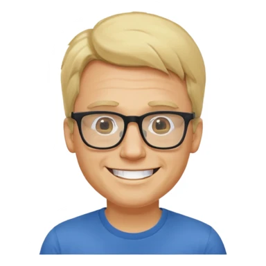 portrait of adult man, wearing a t-shirt, square glasses, grinning face, blond hair sticker