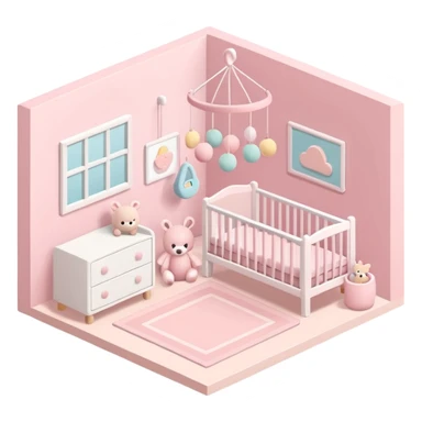 isometric baby room, Nursery with pastel walls and hanging mobile sticker