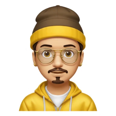 Ali G from Ali G Indahouse with brown eyes, dark brown hair, gold outfit, yellow glasses and hat sticker