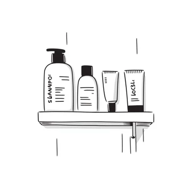 Shampoo bottle, color tube, and conditioner standing on a shelf, products are luxury brand-labeled sticker