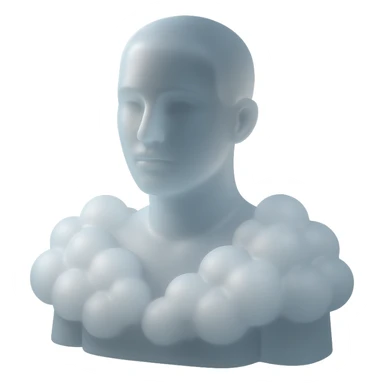person looking straight ahead, shoulders filled with puffy white fluffy clouds, matte glass style sticker