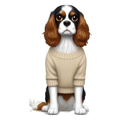 Black, white, and brown King Charles Cavalier Spaniel with a beige winter sweater sticker