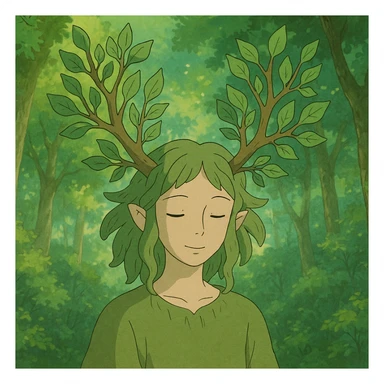 a whimsical forest spirit with leafy antlers, ghibli style sticker