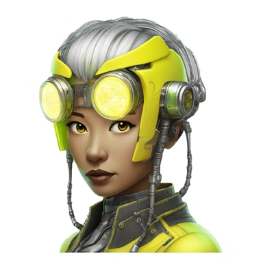 Neon yellow bobbed hair Asian female cyborg head with silver steampunk goggles and circuits sticker