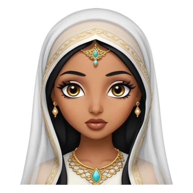 arabian nose, pretty lips, arabian clothes, veil, medium dark skin,  long black hair, pretty bratz baddie, black eyeliner sticker