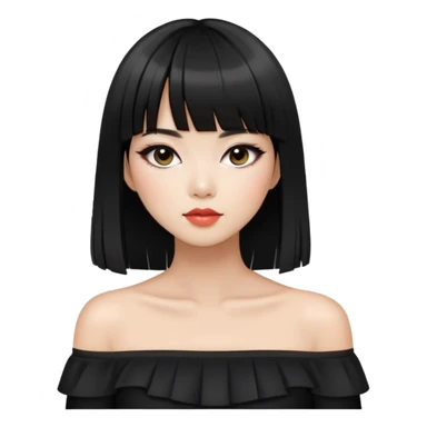 chic woman with Asian skin, black long straight bangs, wearing a black off-shoulder top, and makeup sticker
