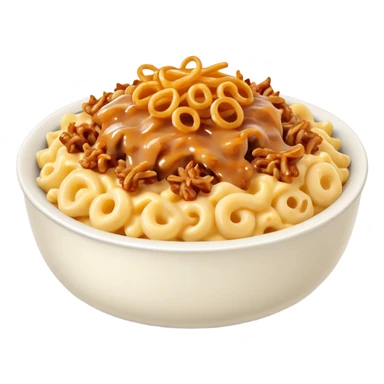 Bowl of Mac and cheese topped with chives, crispy onions, and pulled pork sticker