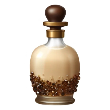 Antique parfumerie bottle with oil, made of bronze and brown crystals, white cream and coffee milk pour from the bottle sticker
