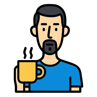 A thin guy with black hair, a long face, black beard, not too thick and long, holding a mug of coffee sticker