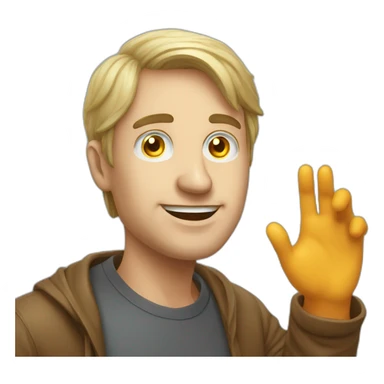 a man waves hello, bitcoin in his eyes sticker