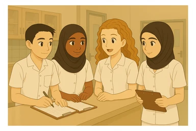 Modify the outfits of all the students to be white, short-sleeved, and styled like the blue outfit worn by the boy in the first original image. Make this style uniform for the entire group, remove any stethoscopes, and keep the faces unchanged. sticker