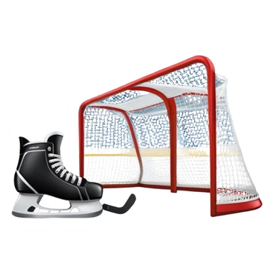 An icon showing a hockey stick, puck, skates, and goalposts on the ice. The background features a large hockey stadium with cheering fans, bright lights, and a snowy landscape visible through the arena. Transparent background highlights the main hockey equipment and atmosphere. sticker