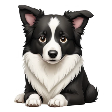 Sitting Border Collie dog with ONLY ONE single black ear, the rest of the dog including the other ear is completely white, extreme contrast between the one black ear and white body sticker