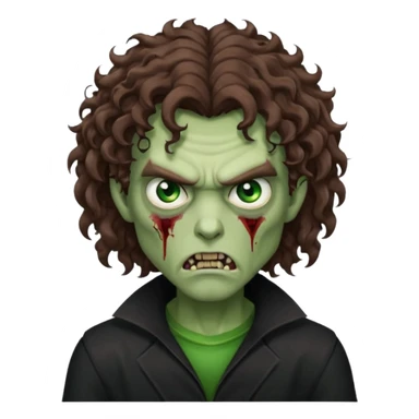 long curly haired male zombie with brown hair color and green eye color, with dark vampire clothes and angry face emotion sticker