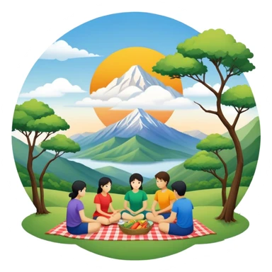 "East Asian teams in color-coded tees picnic under trees. Mountain ridges in distance, Sunlord cloud logo. Circular minimalist art." sticker