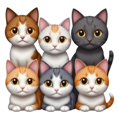 4 different coloured short haired cats including; a dark brown and white cat, and a dark grey and white, and a calico sticker
