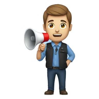 Finance bro with brown short flow hair and puffer vest over blue shirt speaking into a megaphone sticker