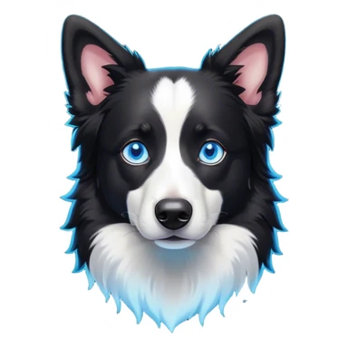Cinematic Noble Black and White Border Collie Portrait Emoji, Poised and regal, with a lean, athletic build and a sleek, well-groomed black and white coat, piercing blue eyes, Simplified yet sharp and sophisticated features, highly detailed, glowing with a soft, dignified glow, high shine, intelligent and agile, stylized with an air of precision, focused and attentive, soft glowing outline, capturing the essence of a watchful and determined herder, so majestic it feels as though it could sprint out of the screen with effortless authority! sticker