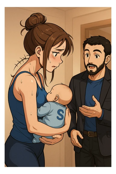 ispirati a questo stile di disegno e fai questa immagine in versione manga/webtoon a colori, il manga mostra la donna preoccupata di profilo con la postura sbagliata e incurvata, spalle chiuse e curve in avanti, con un neonato in braccio con una tutina azzurra e la scritta "S" sulla schiena, spina dorsale storta della donna in evidenza mentre ascolta l'uomo mentre l'uomo gli sta spiegando una cosa, ma non fare i fumetti, fai come se stessero parlando sticker