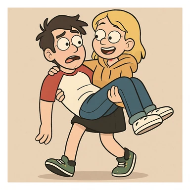 A man Raglan sleeves with Red t-shirts blue jeans white shoes carried by a cute a girl yellow hoodie black skirt green shoe  sticker