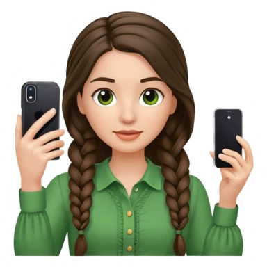 brunette long braided haired woman with green blouse holding her phone having selfie sticker